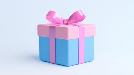 Obraz premium Blue gift box with pink ribbon and bow on light background