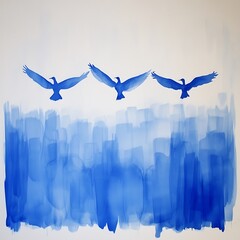 Three blue birds in flight above abstract watercolor painting