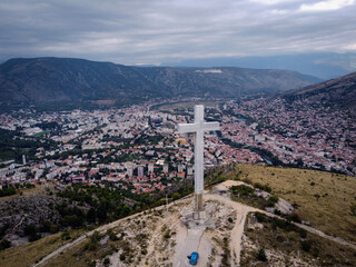 Millennium Cross aerial view with Mostar panorama, Bosnia and Herzegovina