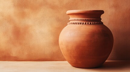 A rustic clay pot with an earthy texture, placed on a warm terracotta background
