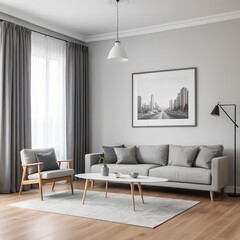 Modern Gray Living Room Interior with Cityscape Artwork