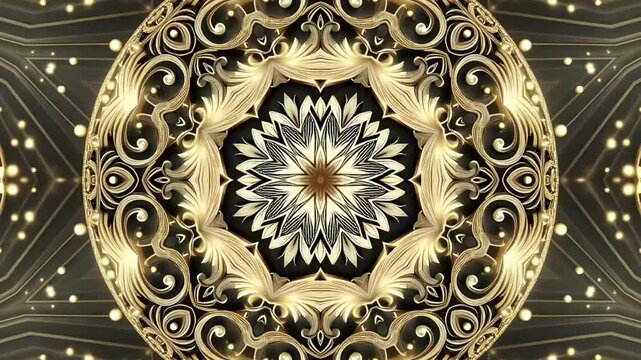 Wedding Invitation golden floral pattern on black background. Golden ornamental kaleidoscope video. Suitable for wedding themes, decorations, invitations, or digital art projects