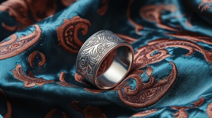 A silver ring on embroidered satin fabric with swirling paisley designs