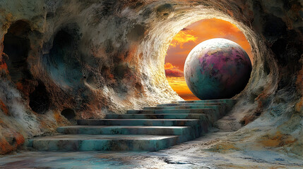 Fototapeta premium An otherworldly cave entrance revealing a surreal planet and sunset