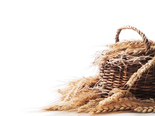 A wicker basket overflowing with golden wheat stalks on white