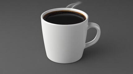 A white mug of steaming black coffee on a grey surface