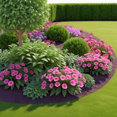 Lush Garden Design with Pink Flowers and Green Foliage