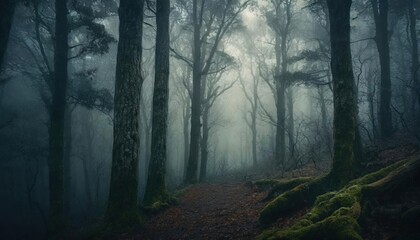 Obraz premium Mysterious foggy forest with tall trees, mossy ground and eerie ambiance resembling a scene from a dark fairytale