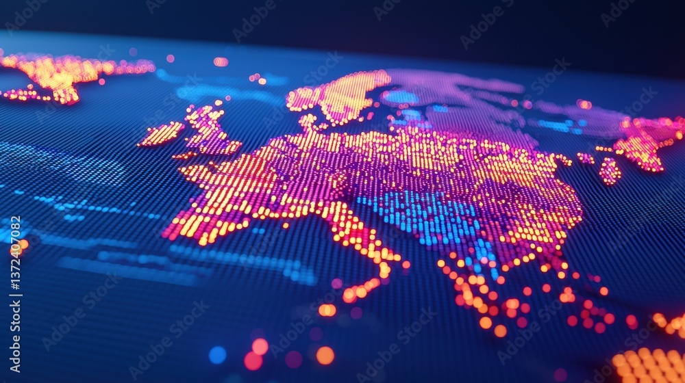 Poster a vibrant digital map highlighting various parts of the world with colorful dots, symbolizing data v