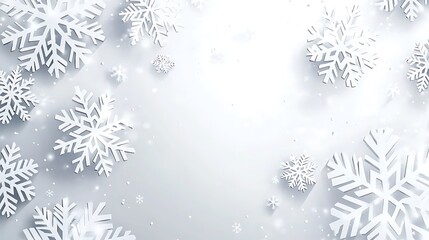 Beautiful white snowflakes falling gently against a bright white background