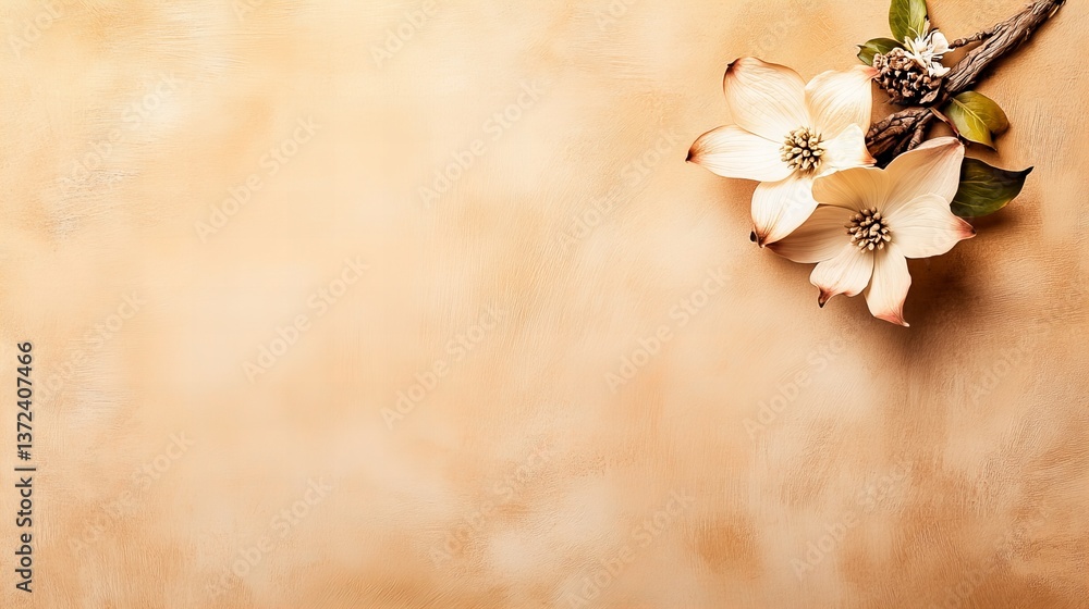Poster flowers arranged with branch are situated on the textured peach background in the upper right corner