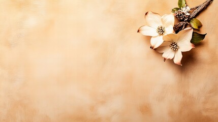 Flowers arranged with branch are situated on the textured peach background in the upper right corner.
