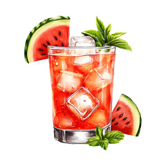 Glass of watermelon juice and slice of watermelon with mint and ice. Tasty fruit smoothie tropical cocktail or lemonade.  Hand drawn illustration isolated on transparent background
