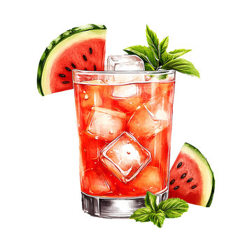 Glass of watermelon juice and slice of watermelon with mint and ice. Tasty fruit smoothie tropical cocktail or lemonade.  Hand drawn illustration isolated on white background