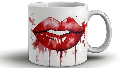 A white ceramic mug features a painted image of red lips