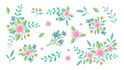 set of colorful floral elements, beautiful flowers, leaves and plants collection isolated on white background, vector illustration, design elements for cards,poster,invitation,birthday, mother`s day