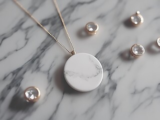 A delicate pendant necklace rests on a marble surface