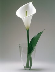 A single white calla lily flower inside a glass vase