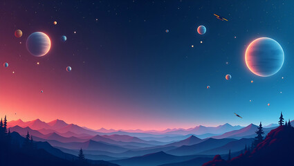 Fototapeta premium Minimalist Space Tourism Wallpaper: Abstract Futuristic Designs with Vibrant Gradients, Sleek Spacecraft Icons, and Ample Text Space for Innovative Travel Concepts.