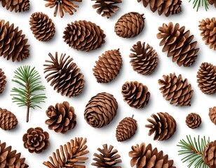Seamless Pattern of Pine Cones and Fir Branches on White Background