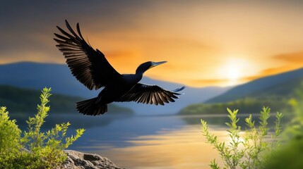 Majestic Bird Soaring Over Calm Lake at Dusk with Golden Horizon