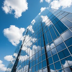 Modern Glass Building Reflecting Sky and Clouds