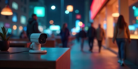 Compact Security Device on a Table at Night with Blurred Background of Pedestrian Activity