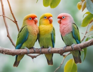 Three Colorful Lovebirds Perched on a Branch