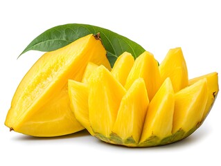 A sliced starfruit arrangement with green leaves presented against white