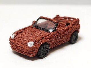 A small handcrafted brown toy convertible car against a white surface