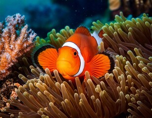 Close up of a clownfish hiding safely inside an anemone, surrounded by colorful corals and other marine life