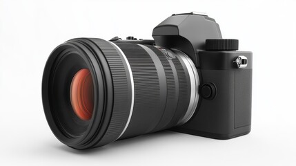 Professional Digital Camera with Interchangeable Lens on White Background