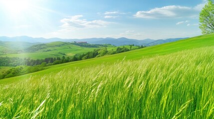 Fototapeta premium Lush Green Meadow Under Bright Blue Sky in Vibrant Nature Landscape