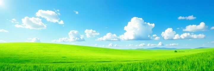 Fototapeta premium Vibrant green grass field under clear blue sky with fluffy white clouds, nature, tranquil, landscape