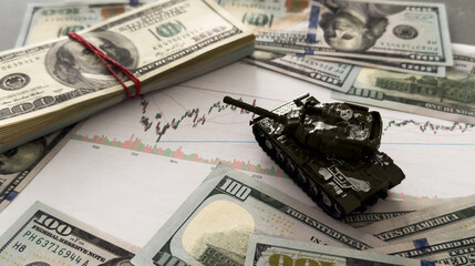 The main battle tank on US dollar bill banknotes background. U.S.A. trade war and currency war concept. 