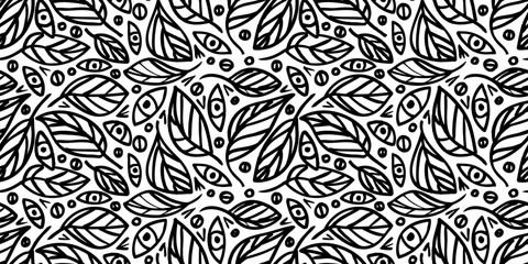 Trendy funky black and white exotic seamless pattern with bold stroke naive hand drawn leaves and eyes. Contemporary modern textured leaf and eye print for psychedelic textile, surface design