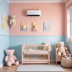 Pastel Nursery Room with Crib and Teddy Bears