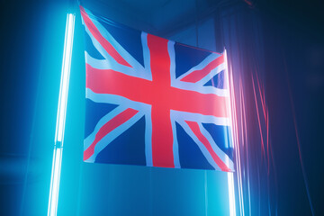 A British flag displayed neatly, illuminated by a cool blue light against a bright white background.