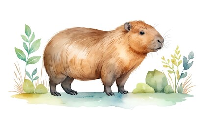 Fototapeta premium Watercolor Capybara in a Natural Setting