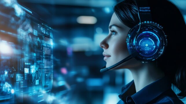 A next gen AI powered virtual assistant, providing customer support in a futuristic call center, advanced business environment