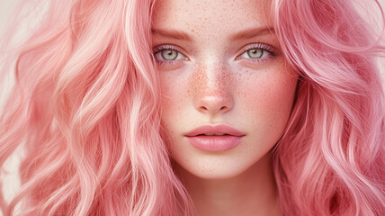 Fototapeta premium 淡いピンクヘアとそばかすが魅力的な若い女性のナチュラルポートレート