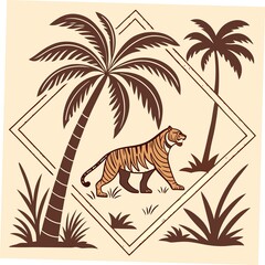 Retro hand drawn tropical summer seamless pattern set. Traditional patchwork style background illustration. Vintage exotic nature textile print collection. Jungle animal texture with tiger, palm ... S