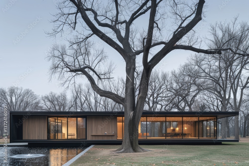 Poster a modern house with large glass windows, surrounded by a tranquil landscape and a prominent tree, cr