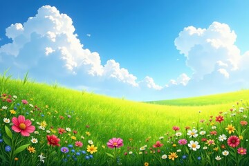 Obraz premium Lush meadow of wildflowers with fluffy clouds in the sky, clouds, sky, wildflowers