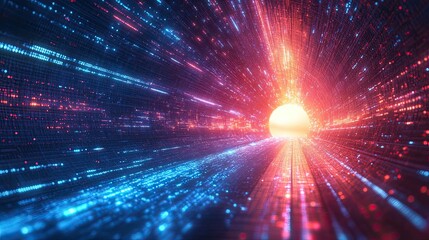 Fototapeta premium Abstract Digital Tunnel with a Data Stream and Futuristic Technology Lighting Against a Sunset Backdrop --
