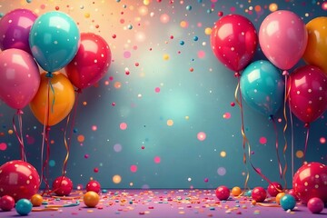 Festive birthday backdrop with shiny balloons and colorful streamers, shiny, celebration