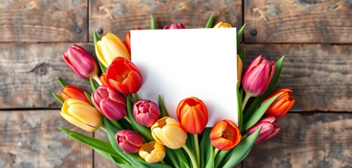 Vibrant tulips in bouquet, blank card, rustic wood background, blossom, empty