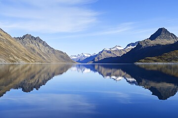 Mountain lake mirroring the sky. Crisp and serene view
