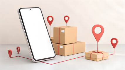 Mockup of smartphone with blank white screen, packages, and red location pins or geotags on light background. Concept of online shopping, delivery, and tracking