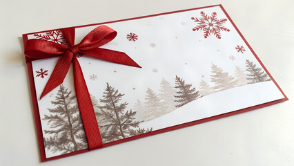 Horizontal greeting card with ribbon, bow, trees, snowflakes for note, chirstmas celebration, congratulation, with copy space, empty, blank